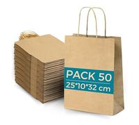 Lot 50 Sacs Papier Kraft Marron avec Anses 25x10x32cm - Sac pour Shopping Cadeaux Mariages