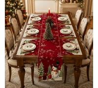 Lot 7 pièces Ensemble décoration Table de Noël, Motifs Bonhomme de Neige Sapin Flocon Rouge pour Repas festifs hivernaux | 1 Chemin de Table 6 Sets de Table, Chemin 33x183cm, Sets 45x30cm，B