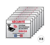 Lot 8 stickers alarme système électronique en liaison avec la gendarmerie sécurité 24H/24 - 8x6 cm - Adhesif aspect aluminum brossé