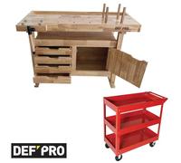 Lot Atelier complet - Servante 3 plateaux + Établi bois 4 tiroirs