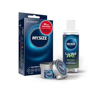 Lot avantageux de préservatifs MY 60mm, paquet de 10 + gel lubrifiant SIZE Natural 100ml + bougie de massage SIZE