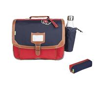 Lot Cartable TANN'S 38 cm garçon + Trousse Rectangulaire Assortie + Marque Page en Bois Chat Blumie (Arthur Gourde)