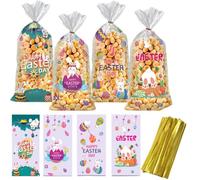 Lot cellophane Pâques Sachet Plastique Transparent Sachets Paques Transparent Bonbon - Set de 100 sacs de Pâques avec motifs amusants et attaches dorées, parfait pour vos cadeaux de Pâques