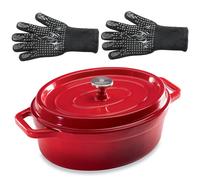 Lot cocotte en fonte ovale rouge 33 cm 6 L et 2 gants anti-chaleur grand modèle (taille 10) Mathon
