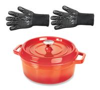 Lot cocotte en fonte ronde orange 28 cm 5,6 L et 2 gants anti-chaleur grand modèle (taille 10) Mathon