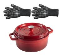 Lot cocotte en fonte ronde rouge 28 cm 5,6 L et 2 gants anti-chaleur grand modèle (taille 10) Mathon