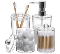 Lot Complet d'accessoires de Salle de Bain Transparents - 4 pièces - Distributeur de Savon, 2 bocaux d'apothicaire Qtip et Support de Brosse à Dents, décoration de comptoir - Plastique