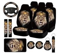Lot Complet de 15 Housses de siège de Voiture à imprimé coloré - Protection de Banquette Avant et arrière - Housse de Volant - Coussins de Ceinture de sécurité - pour Van, Camion, VUS (Lion)