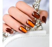 Lot complet de 30 faux ongles courts Petie à presser - Orange vif - Forme ballerine carrée - Petits faux ongles pré-conçus faits à la main - Conseils en gel brillant - Style normal