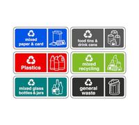 Lot complet de 6 panneaux de recyclage essentiels pour les poubelles de recyclage - Autocollant haute adhérence (300 mm x 200 mm) Distance de visualisation à moins de 7 m.