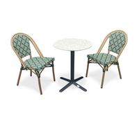 Lot composé d'une table de jardin ronde terrazzo et 2 fauteuils verts empilables - BISTRO