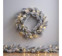 Lot Couronne & Guirlande de Noël Enneigées à LED Blanc Chaud