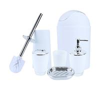 Lot d‘Accessoires Salle de Bains et WC 6 Pièces Accessoires de Bain en Résine Distributeur de Savon, Porte Savon, Gobelet, Poubelle, Brosse WC, Porte Brosse à Dents (Blanc)