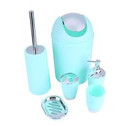 Lot d‘accessoires Salle de Bains et WC 6 Pièces Accessoires de Bain en Résine Distributeur de Savon, Porte Savon, Gobelet, Poubelle, Brosse WC, Porte Brosse à Dents (Turquoise)