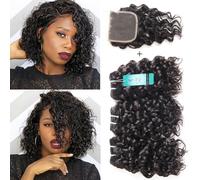 Lot d’extensions en cheveux Remy 100 % humains malaisiens, avec bonnet « lace closure », tissage 12A effet ondulé et humide pour des cheveux bouclés, longueur de 20,3 cm