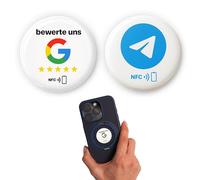 Lot d'autocollants NFC : 1 x « Noter nous » pour les évaluations Google + 1 pour Telegram - Programmable soi-même, 3 cm de diamètre, surface époxy brillante, réutilisable et sans contact - Idéal pour