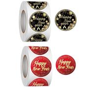 Lot de 1 000 autocollants ronds « Happy New Year » de 2,5 cm, étiquettes noires et rouges pour fournitures de fête de vacances