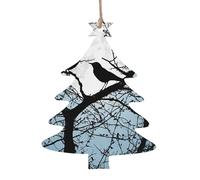 Lot de 1, 2, 4, 6 décorations de Noël en bois imprimé corbeau noir - 4 options de formes : ange, cloche, arbre, bonhomme de neige | Bois sculpté respectueux de l'environnement pour décoration de sapin