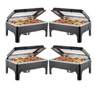 Lot de 1/2/4 Buffets Chauffants Ronds Chafing Dish Rond 9L Chauffe Plat à Combustible en Acier Inoxydable Alimentaire avec Couvercle en Verre Trempé pour Les Fêtes Buffets Banquets,Noir,4 Pack