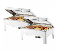 Lot de 1/2/4 Buffets Chauffants Ronds Chafing Dish Rond 9L Chauffe Plat à Combustible en Acier Inoxydable Alimentaire avec Couvercle en Verre Trempé pour Les Fêtes Buffets Banquets,Blanc,2 Pack