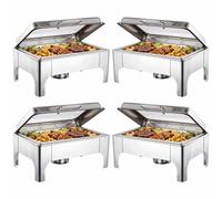 Lot de 1/2/4 Buffets Chauffants Ronds Chafing Dish Rond 9L Chauffe Plat à Combustible en Acier Inoxydable Alimentaire avec Couvercle en Verre Trempé pour Les Fêtes Buffets Banquets,Argent,4 Pack