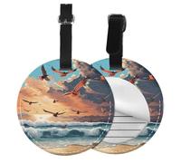 Lot de 1/2 étiquettes de bagage rondes en cuir avec motif cocotier et plage de sable avec carte de nom et adresse