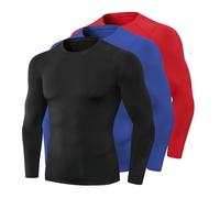 Lot de 1/3 t-shirts de compression à manches longues pour homme - Couche de base d'entraînement athlétique à séchage rapide - Pour basket-ball et football, 3 pièces # noir + rouge + bleu, Taille S