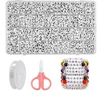 Lot de 1 400 perles rondes en forme de lettres de l'alphabet pour fabriquer des bracelets + 100 perles en forme de cœur, fleurs, lune, étoile pour travaux manuels + fil élastique 6 m 1 paire de