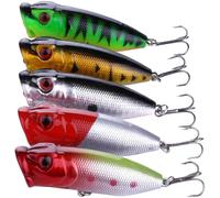Lot de 1/5 leurres de pêche Popper 6,5 cm - Appât dur flottant - Action anti-éclaboussures - Multicolore - 12 g - Pour bar, Snook Tarpon - Plastique (5 couleurs dans une boîte)
