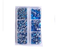 Lot de 1 540 strass thermocollants en verre SS6-SS30 de tailles variées, boîte de 6 grilles, dos plat, paillettes, cristal, strass thermocollants pour vêtements, bleu Capri, 6 grilles, 1 540 pièces