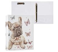 Lot de 1 classeur à 3 anneaux avec clip en métal antidérapant - Motif bouledogue français avec papillons - 3,8 cm - Pour l'école et le bureau