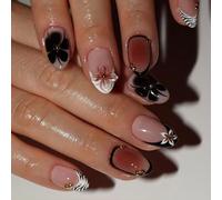 Lot de 1 faux ongles courts brillants à pointe ovale à motif unique French Tip Easy Stick Ongle confortable à porter