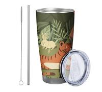 Lot de 1 gobelet à café en forme de tigre avec couvercle, motif dessin animé, animaux mignons, arbre, lapin, oiseau, feuilles botaniques, marron, vert, en métal inoxydable, chaud et froid, sans