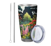 Lot de 1 gobelet à fleurs avec couvercle abstrait, forêt, botanique, nature, floral, feuilles rustiques, rose et vert, en acier inoxydable, réutilisable, sans déversement, incassable, pour cour