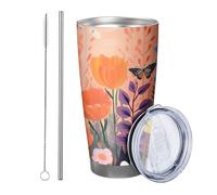 Lot de 1 gobelet à fleurs avec couvercle - Joli papillon bohème - Feuilles abstraites - Cottage rose et orange - Refroidisseur de canettes isolé sans déversement - Pour l'école, le dortoir - Double