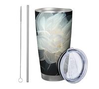 Lot de 1 gobelet à fleurs avec couvercle - Moderne, esthétique, artistique, botanique - Joli motif floral noir et blanc - Isotherme en métal incassable - Pour voyage, piscine, extérieur, café - 591 ml