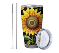 Lot de 1 gobelet à fleurs avec couvercle - Motif planète - Terre, lune, étoile, tournesol, jolies feuilles - Jaune et vert - Isotherme - Réutilisable - Pas de déversement - Pour pique-nique, salle de