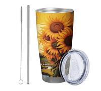 Lot de 1 gobelet à fleurs avec couvercle - Motif tournesol abstrait - Feuilles de la forêt - Coucher de soleil - Jaune - Revêtement en poudre - Réutilisable - Sans déversement - Incassable - Avec