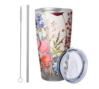 Lot de 1 gobelet à fleurs avec couvercle - Style rustique - Lavande - Feuilles florales - Belle plante - Bleu et rouge - Isotherme - Sans déversement - Pour jardin, pique-nique, salle de sport - Avec