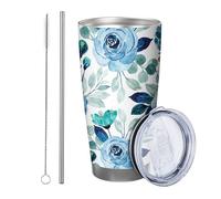 Lot de 1 gobelet à motif floral bleu avec couvercle - Magnifique peinture à l'aquarelle - Fleurs et feuilles - Cottage vert et bleu - Isotherme - En métal - Sans pied - Double paroi - 590 ml