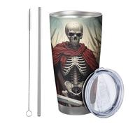 Lot de 1 gobelet à motif tête de mort avec couvercle - Épées de guerre - Motif : épées de guerre - Violence - - Moyen Âge - Rouge et gris - Isotherme - Sans pied - Double paroi - 590 ml