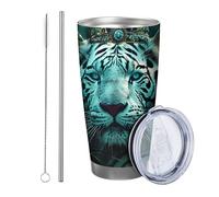 Lot de 1 gobelet à motif tigre - Esthétique - Botanique - Forêt - Arbre - Feuilles - Bleu sarcelle - Blanc - Revêtement en poudre - Incassable - Pour bureau, extérieur, club, dortoir - Avec couvercle