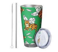 Lot de 1 gobelet à motif tigre - Motif de feuilles - Peinture botanique amusante - Vert jaune blanc - Isotherme en acier inoxydable incassable - Pour voyage, piscine, extérieur - Avec couvercle - 591