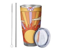Lot de 1 gobelet arc-en-ciel avec couvercle, motif floral, champignon, soleil, feuilles, nuage, motif abstrait, jaune, rouge, isotherme, incassable, pour voyage, piscine, extérieur, sans pied, double