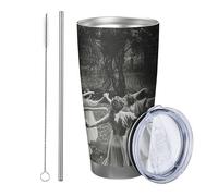 Lot de 1 gobelet avec couvercle - Forêt effrayante - Magnifique arbre de danse - Noir et blanc - Isotherme - En métal - Sans pied - Double paroi - 590 ml