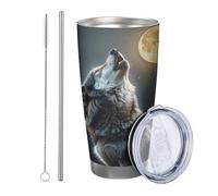 Lot de 1 gobelet en acier inoxydable incassable avec couvercle Motif loup Vert ciel nocturne Forêt Lune Arbre, Paysage nature Loup Hurler Orange Gris 590 ml
