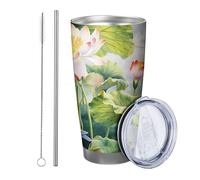 Lot de 1 gobelet en bambou avec couvercle - Motif floral - Oiseau - Beau paysage - Feuilles - Esthétique - Vert et blanc - Isotherme - Métal chaud et froid - Sans déversement - Incassable - Pour