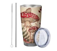 Lot de 1 gobelet en forme de champignon avec couvercle - Feuilles botaniques vintage - Rustique - Cottage rustique - Beige - Rouge et vert - Isotherme - Réutilisable - Incassable - Sans pied - Double