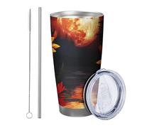 Lot de 1 gobelet en forme de fleur avec couvercle, esthétique, nature, beau arbre floral, botanique, lune, rivière, orange, noir, métal inoxydable, isolation chaude et froide, bureau, extérieur, club