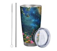 Lot de 1 gobelet en forme de fleur avec couvercle, motif ciel nocturne, arbre, lune, paysage esthétique, feuilles, floral, forêt, bleu, vert, en métal inoxydable, isolation chaude et froide, bureau